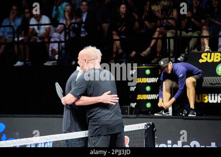 Hollywood, FL, USA. 2nd April 2023: Tennis legends Andre Agassi, John McEnroe, Andy Roddick and Michael Chang during the Pickleball match Stock Photo