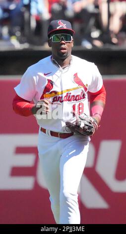 St. Louis Cardinals right fielder Jordan Walker runs the baseball in following the last out of the third inning off the bat of Toronto Blue Jays Matt Chapman at Busch Stadium in St. Louis on Sunday, April 2, 2023. Photo by Bill Greenblatt/UPI Stock Photo