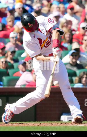 St. Louis Cardinals Paul Goldschmidt singles to right center field in the eighth inning against theToronto Blue Jays at Busch Stadium in St. Louis on Sunday, April 2, 2023. Photo by Bill Greenblatt/UPI Stock Photo