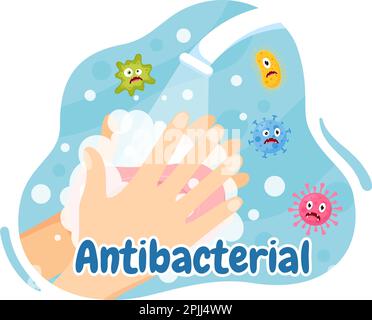 Antibacterial Illustration with Washing Hands, Virus Infection and Microbes Bacterias Control in Hygiene Healthcare Flat Cartoon Hand Drawn Templates Stock Vector