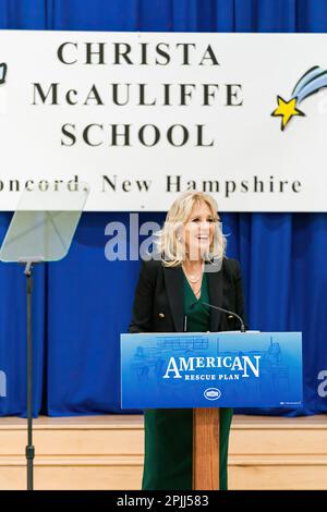 First Lady Jill Biden delivers remarks on the American Rescue Plan Wednesday, March 17, 2021, at the Christa McAuliffe School in Concord, New Hampshire. (Official White House Photo by Cameron Smith) Stock Photo