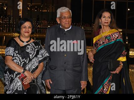 Mumbai, India. 31st Mar, 2023. L-R Retired Indian banker and former State Bank of India (SBI) Chairperson Arundhati Bhattacharya, Indian businessman and Chairman of Housing Development Finance Corporation (HDFC), Deepak Parekh and Smita Parekh (wife of Deepak Parekh) pose for a photo at the inauguration of Nita Mukesh Ambani Cultural Centre (NMACC) in Mumbai. Credit: SOPA Images Limited/Alamy Live News Stock Photo