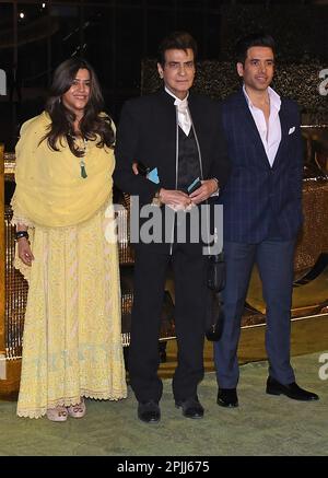 Mumbai, India. 31st Mar, 2023. L-R Indian television producer Ekta Kapoor, Bollywood actor Jeetendra (c) and actor Tusshar Kapoor pose for a photo at the inauguration of Nita Mukesh Ambani Cultural Centre (NMACC) in Mumbai. Credit: SOPA Images Limited/Alamy Live News Stock Photo