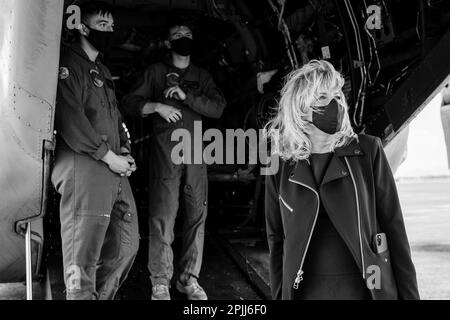 First Lady Jill Biden disembarks a military helicopter Wednesday, March 10, 2021, at Palm Springs International Airport in Palm Springs, California  (Courtesy Photo by Kevin Lowery) Stock Photo