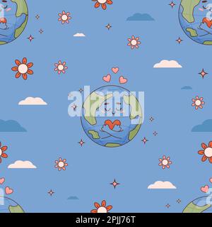 Groovy seamless pattern with cartoon character planet Earth with heart on blue background with clouds. Vector Illustration for kids collection, wallpa Stock Vector