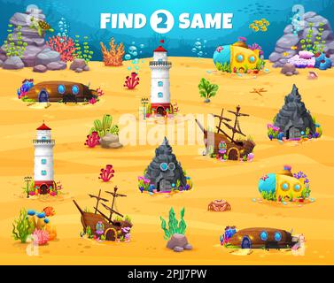 Find two same underwater cartoon fairytale buildings kids game puzzle quiz. Vector worksheet of under water world city matching game with fantasy ship Stock Vector