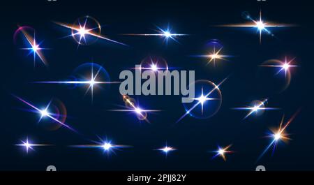 Sparkle flare and flash effects, glow lights. Vector set of shining stars or lens with rays. Warm and cold glowing twinkles at night sky or space. Fli Stock Vector