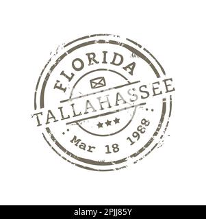 Tallahassee Florida postage and postal rubber stamp. Vector post delivery emblem. American international mail control sign, round seal with envelope Stock Vector