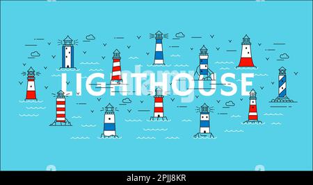 Line sea lighthouses and beacons with waves and beams, vector nautical navigation and travel themes. Outline ocean beach safety towers or light houses Stock Vector