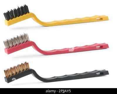 set of wire brushes, copper, steel and nylon industrial brush for rust surface, car mechanical cleaning and polishing, cut out isolated on white Stock Photo