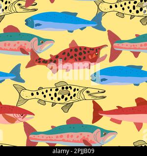 Seamless pattern with doodle salmon fish in modern original trendy style. Colorful vivid print for design. Vector hand drawn illustration. Stock Vector