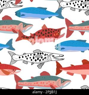 Seamless pattern with doodle salmon fish in modern original trendy style. Colorful vivid print for design. Vector hand drawn illustration. Stock Vector