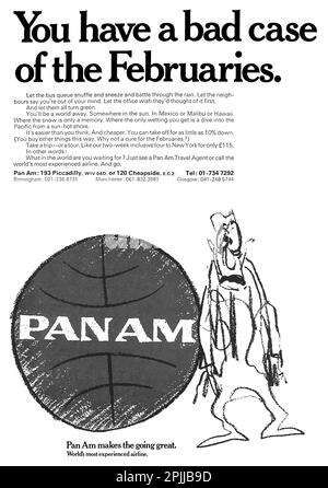 1970 British travel advertisement for Pan Am - Pan American Airways. Stock Photo
