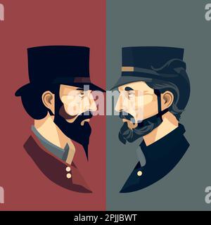 American civil war depicted by two men confronting each other Union vs Confederacy minimalist vector illustration Stock Vector