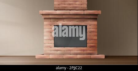 3d realistic classic brick fireplace in house living room vector background. Empty home hall with wooden brown floor fireside. Elegant flat place template with sunlight and chimney mockup. Stock Vector