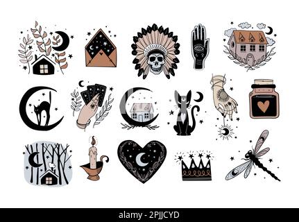 Set of modern hand drawn mystical witch logos, halloween stickers, skull, cat, tarot fortune teller. Vector vintage illustration, collection of icons Stock Vector