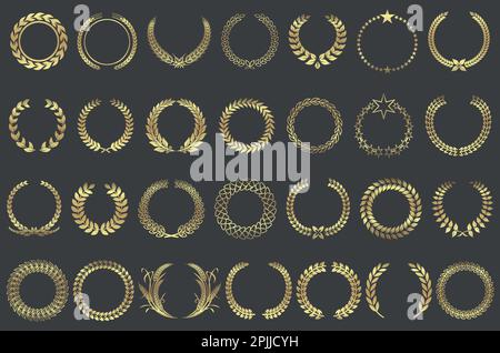 Set of 28 golden vector laurel wreaths on black background. Set of foliate award wreath for cinema festival. Vector illustration. Stock Vector