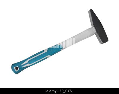 Hammer isolated on white background. Close up of a Hammer with a rubberized handle. Stock Photo