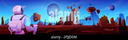 Astronaut on alien planet cartoon background. Cosmonaut in space suit and helmet explore futuristic fantasy universe landscape. Science man on mars desert ground mission game search human scene. Stock Vector