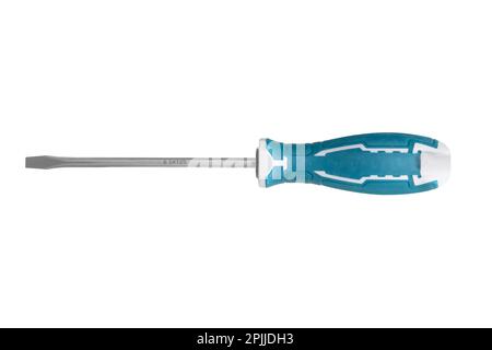 Screwdriver with plastic and rubber handle isolated on white background. Flat head screw driver Tool isolated Stock Photo
