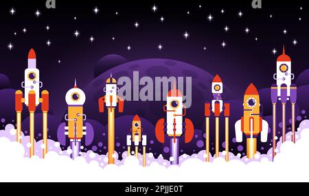 Rocket launches in space with planet, stars in background. Stock Vector