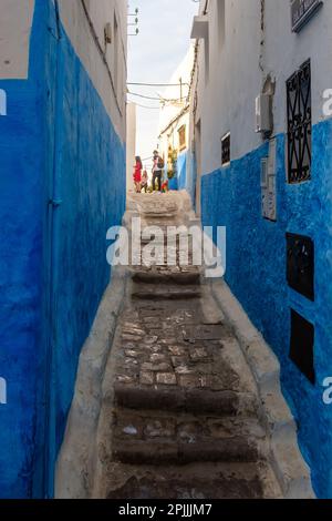 Rabat, Morocco - March 1, 2020 : The beautiful alleys between traditional and colourful residential buildings in Kasbah, Rabat Morocco Stock Photo