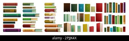 Set books objects. Side view from the front. Great collection for reading. Library or bookstore. Isolated on white background. Vector. Stock Vector