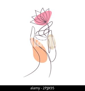 hand holding lotus water lily in continuous line drawing vector illustration Stock Vector