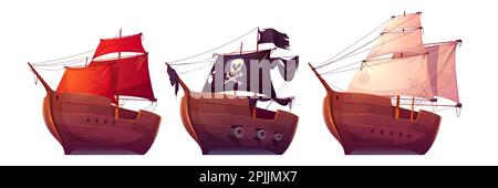 Vector sail boats with white, red and black sails. Pirate ship with black flag, cannons, skull and crossbones on canvas. Cartoon set of old wooden ships, vintage galleons isolated on white background Stock Vector