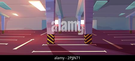 Underground car parking. Empty basement garage with columns, road marking lots for automobiles and guiding arrows in corridor. Vector cartoon interior of parking in mall or city house Stock Vector