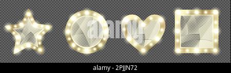 Broken makeup mirrors in gold frame with light bulbs. Vector realistic round, square, heart and star shape mirrors for dressing room with cracked glass isolated on transparent background Stock Vector