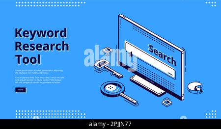 Keyword research tool isometric landing page. Key, magnifying glass and pie chart randomly lying around computer monitor. Seo optimization, analysis service 3d vector illustration, web banner line art Stock Vector