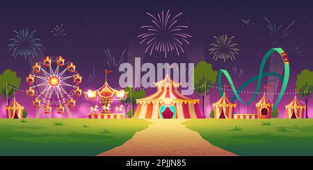 Carnival funfair, amusement park with circus tent, attractions and fireworks in sky. Vector cartoon illustration of night summer landscape with roller coaster, carousel and ferris wheel Stock Vector