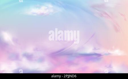 Sky or heaven background. Sunset or sunrise nature landscape with pink, white, blue and lilac soft fluffy clouds flying. Evening or morning abstract vivid fantasy view Realistic 3d vector illustration Stock Vector