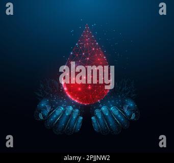 Two human hands are holds blood drop. Wireframe glowing low poly design on dark blue background. Abstract futuristic vector illustration Stock Vector