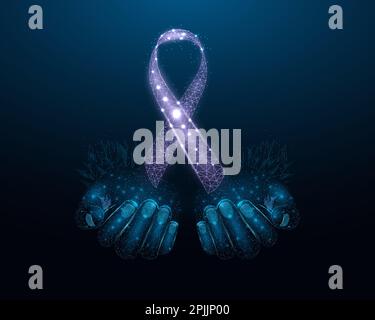 Two human hands are holds purple ribbon awareness. Wireframe glowing low poly. Bladder cancer, Alzheimers, Cystic Fibrosis, Lupus, Epilepsy, Domestic Stock Vector