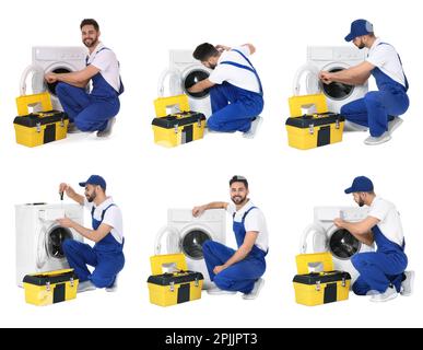 Collage with photos of plumber repairing washing machine on white background Stock Photo