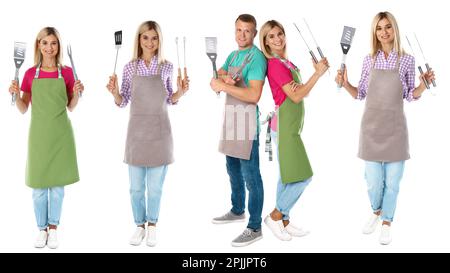 Collage with photos of man and woman holding barbecue utensils on white background Stock Photo