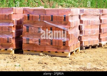 pallets with new bricks stand at the construction site from which a layer of fertile soil has been removed, selective focus Stock Photo