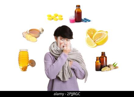 SIck woman surrounded by different drugs and products for illness treatment on white background Stock Photo