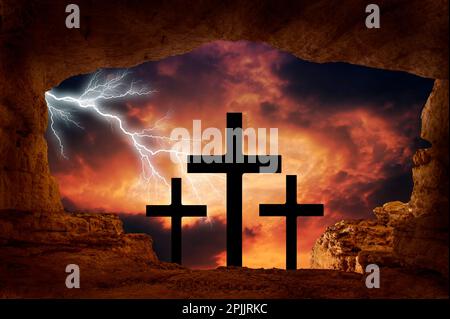 three crosses and dramatic stormy sky, Jesus Christ crucifixion concept Stock Photo
