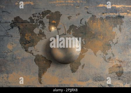 Ball bomb with a burning fuse with black wall background Stock Photo