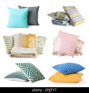 Set with different soft pillows on white background Stock Photo