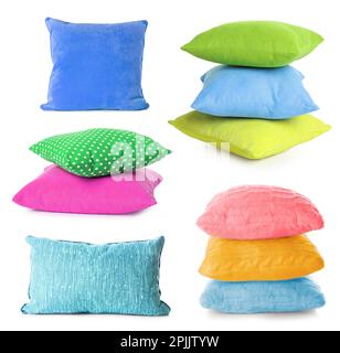 Set with different soft pillows on white background Stock Photo