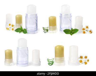 Set with different natural crystal alum deodorants on white background Stock Photo