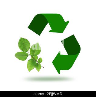 Recycling symbol made of arrows and branch with green leaves on blurred ...
