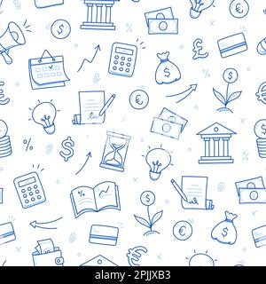 Money, business doodle seamless pattern background. Bank profit, money economy, finance doodle sketch style pattern with coin, megaphone, calculator element. Vector illustration Stock Vector