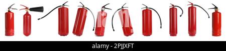 Set with fire extinguishers on white background. Banner design Stock Photo