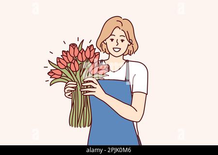 Woman flower seller stands with luxurious bouquet and smiling looks at camera enjoying work of florist in flower shop. Positive girl in apron holds fragrant bouquet with scarlet buds  Stock Vector