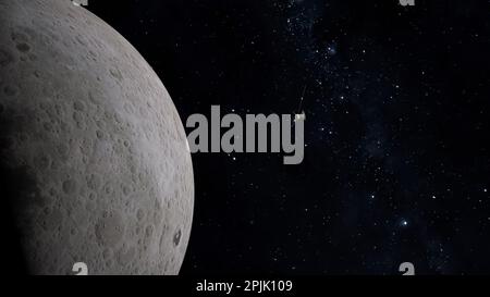 Space probe flying near the Moon. Space exploration. Stock Photo